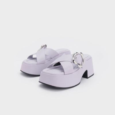 Charles & Keith Flower-Buckle Crossover Platform Mules – Lilac